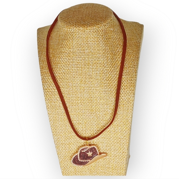Faux Leather Cord Cowboy Hat Charm Choker Necklace Cowgirl Western Southwestern - Picture 7 of 12
